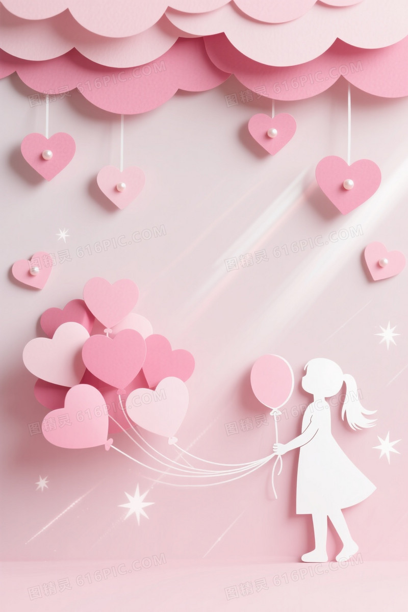 柔粉纸艺剪纸心形气球背景