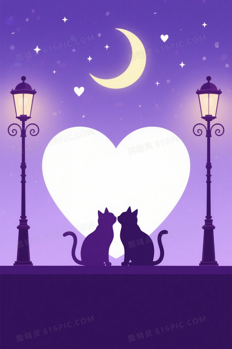 柔紫夜空新月星心背景