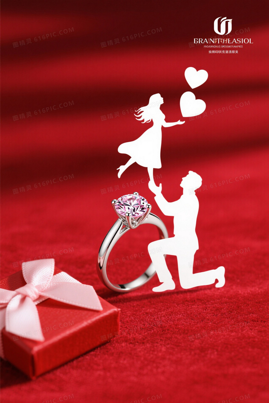 红丝绒渐变钻戒情侣剪影背景