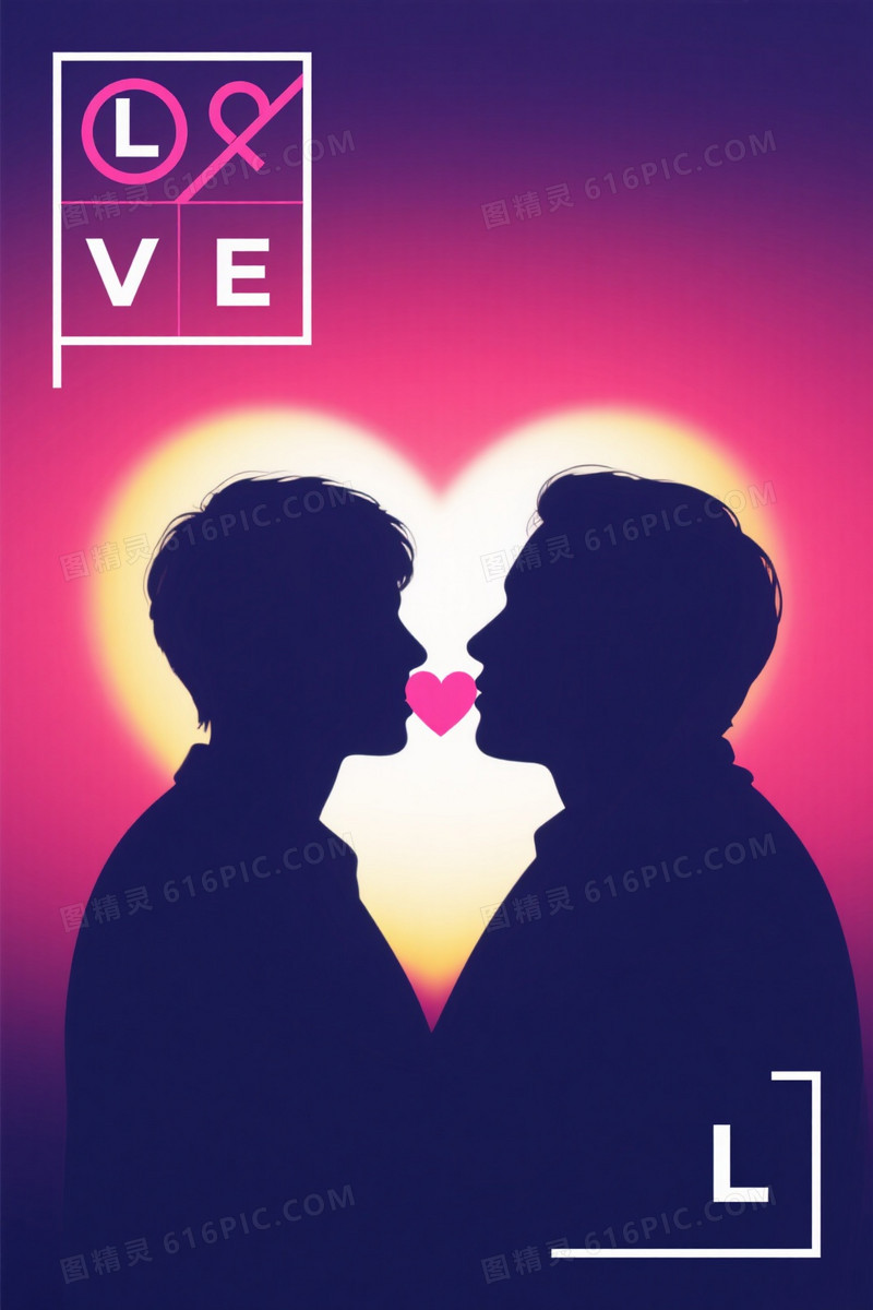 深紫玫红渐变相拥剪影背景