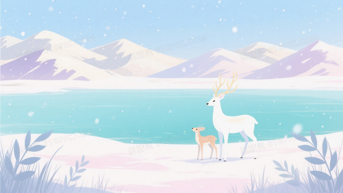 浅蓝淡粉梦幻雪景白鹿背景