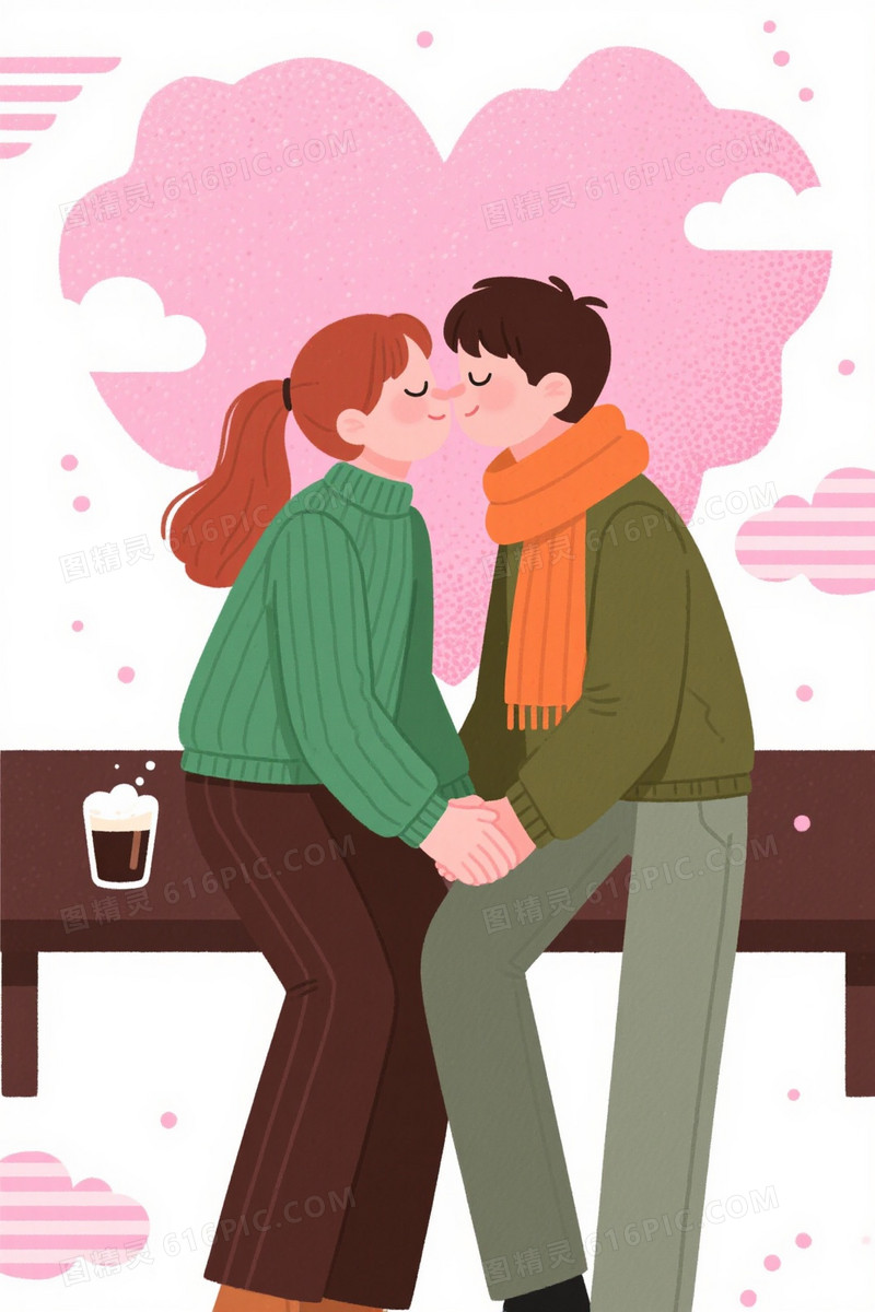 柔粉颗粒心形云朵情侣亲吻背景
