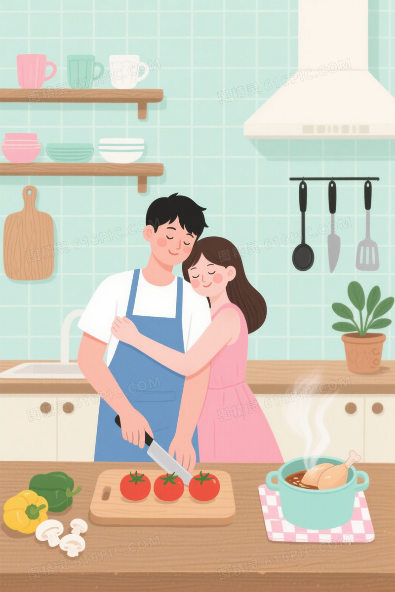 马卡龙色温馨厨房插画背景