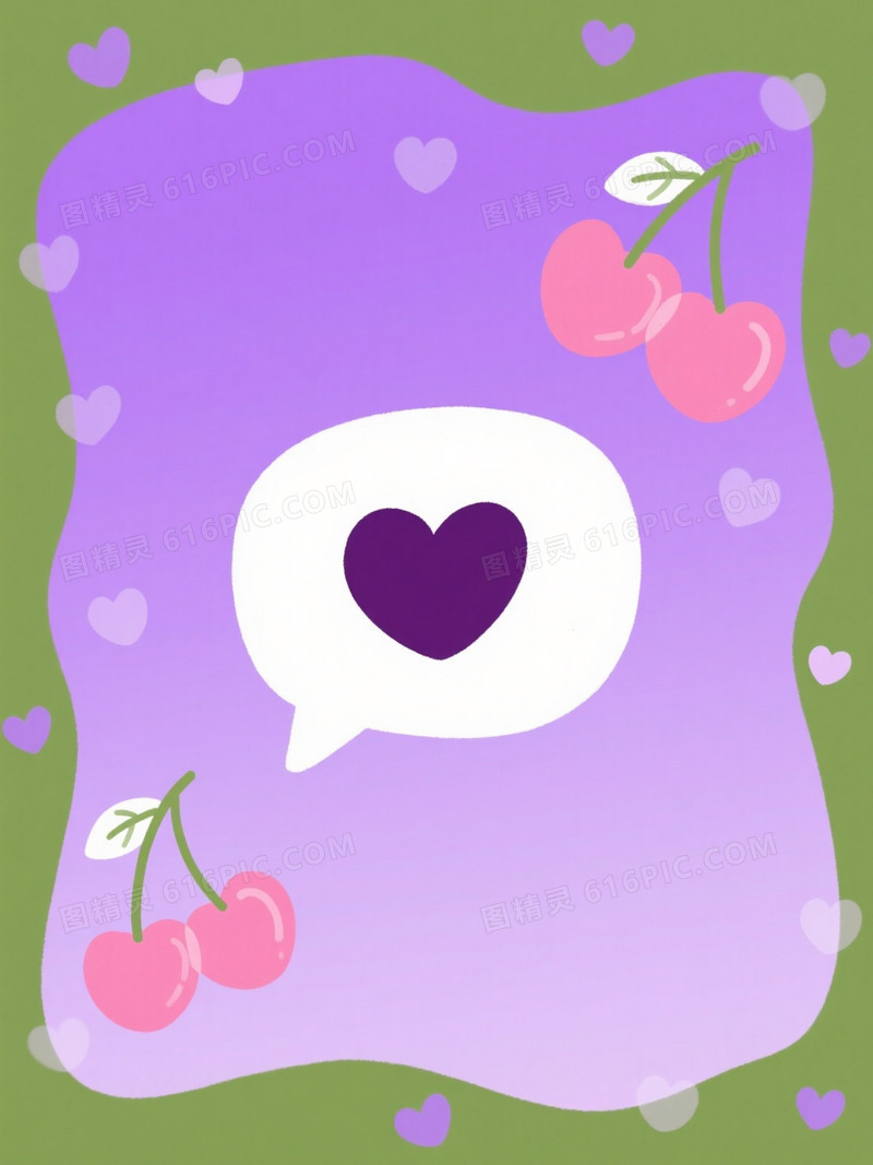 紫渐变手绘心形樱桃背景