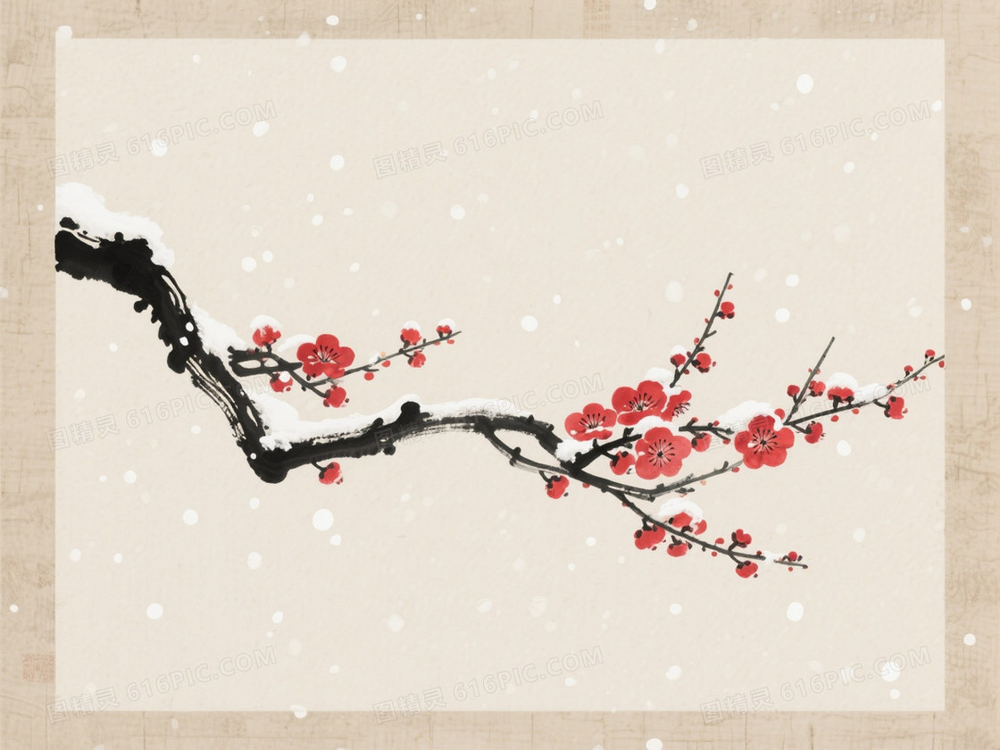 浅米水墨雪中红梅背景
