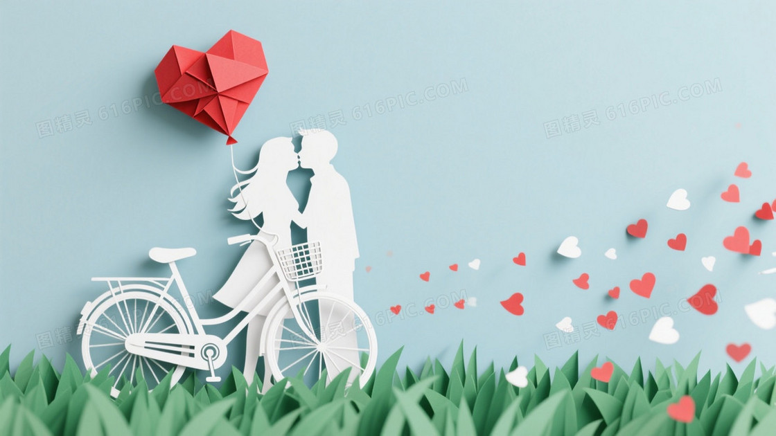 浅灰蓝纸艺剪影情侣背景