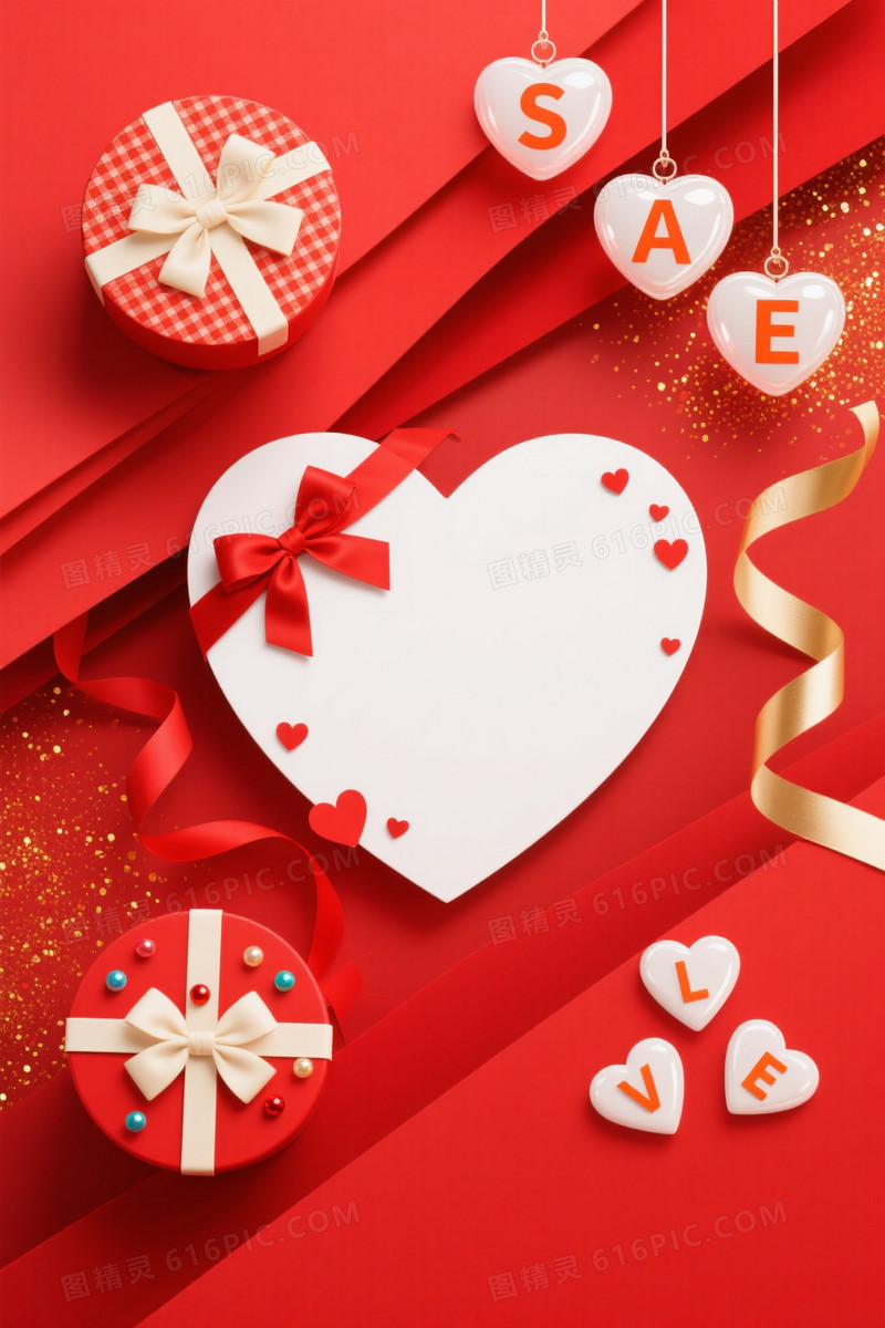 正红喜庆礼盒心形背景