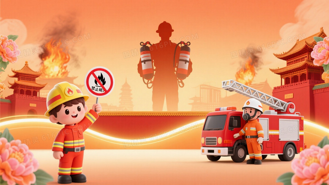 暖橙渐变卡通消防员建筑剪影背景