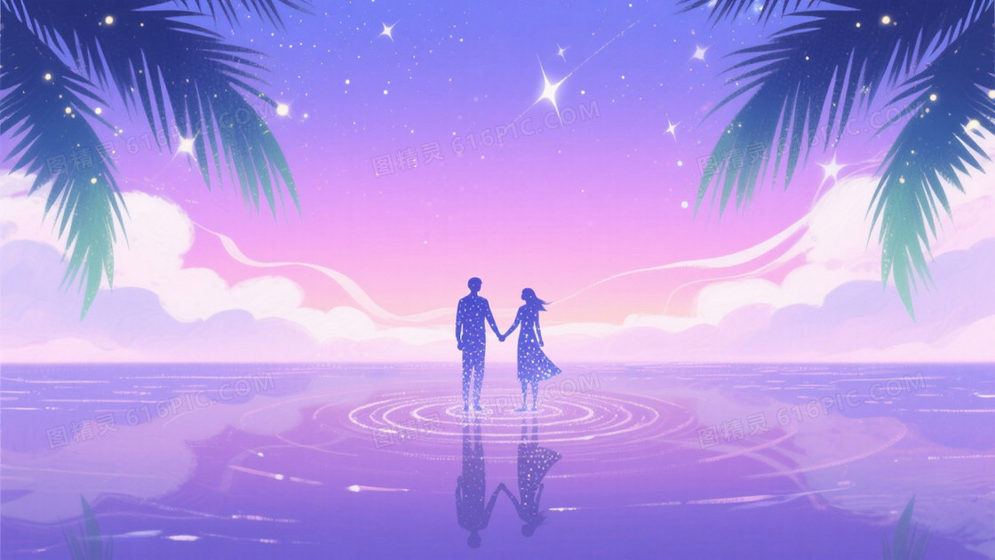 紫粉渐变星空黄昏海面背景