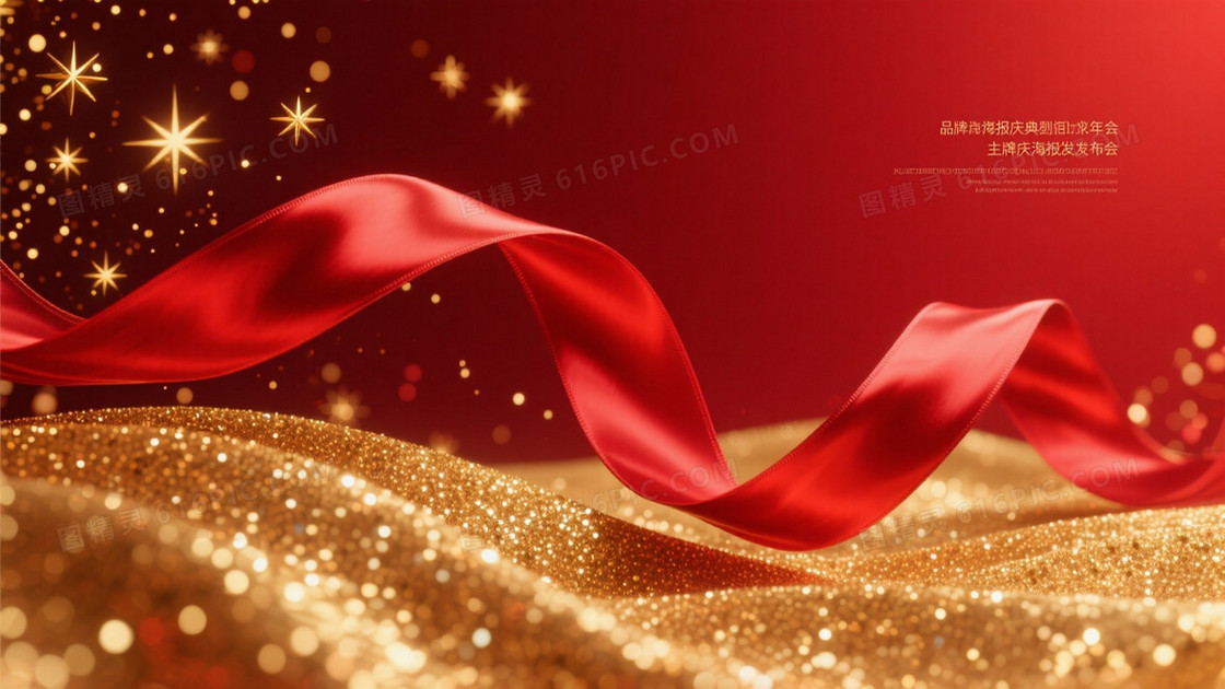 深红渐变金芒丝带背景