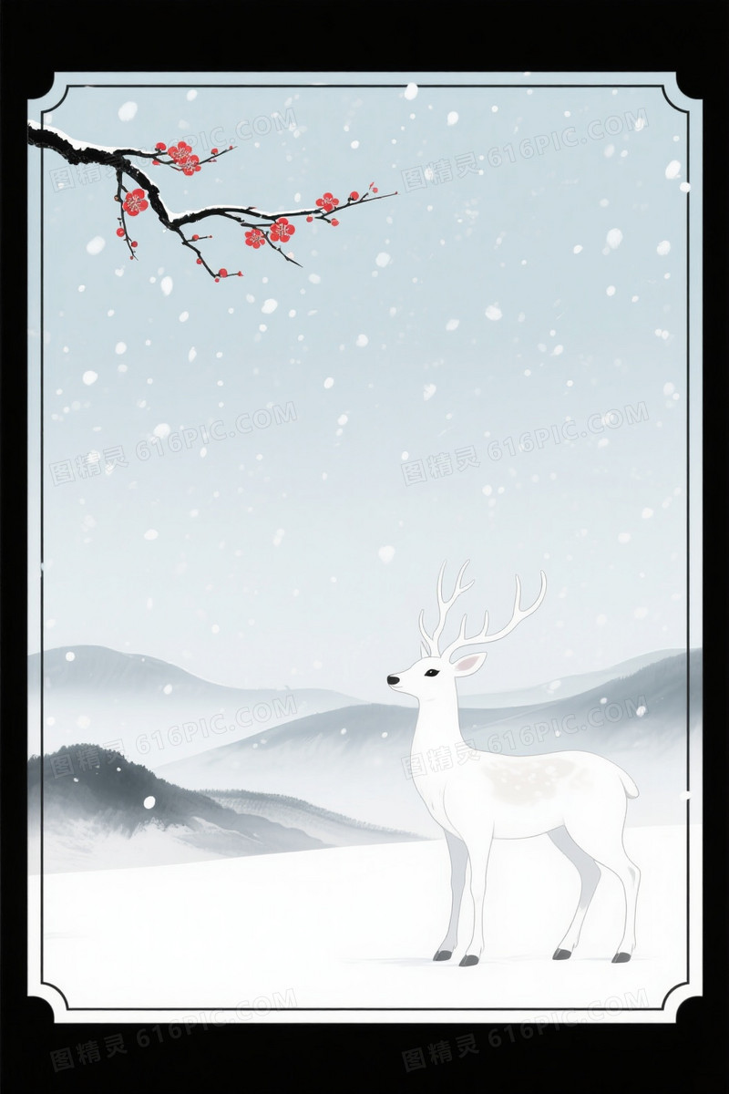 浅青灰水墨雪景梅鹿背景
