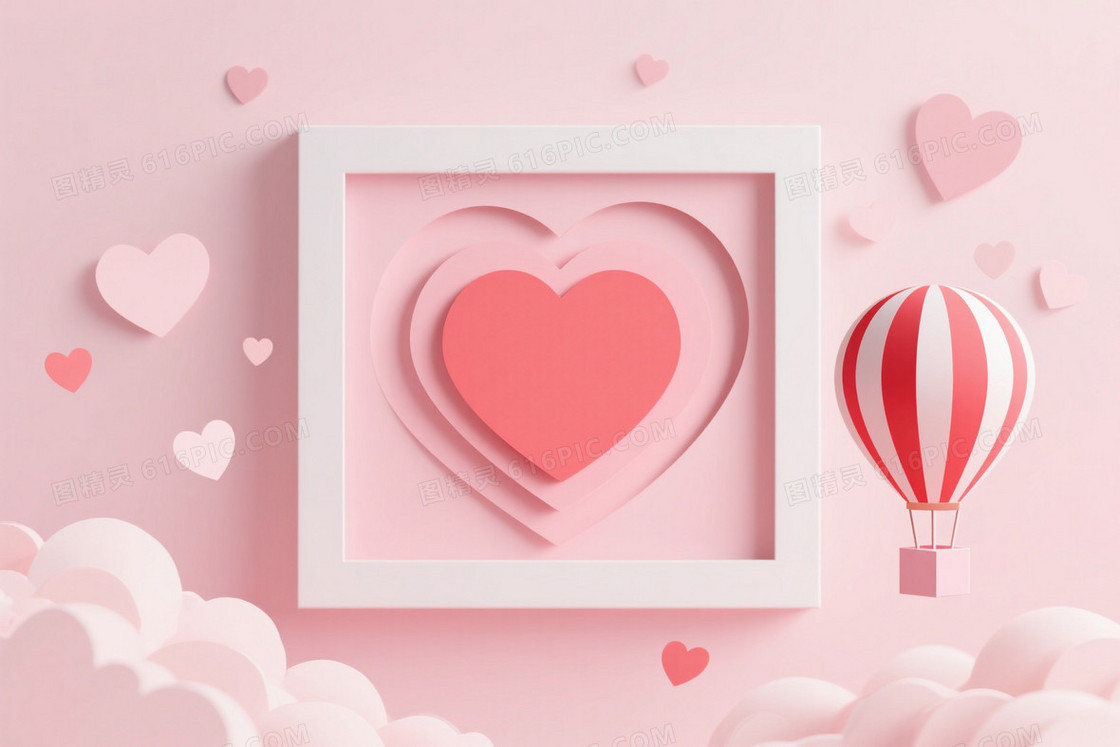柔粉纸艺立体心形云朵背景