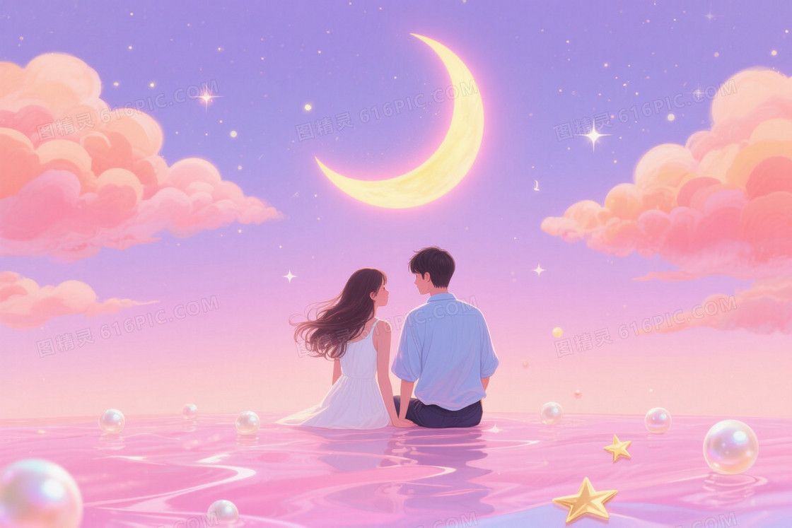 粉紫渐变星光新月情侣背景