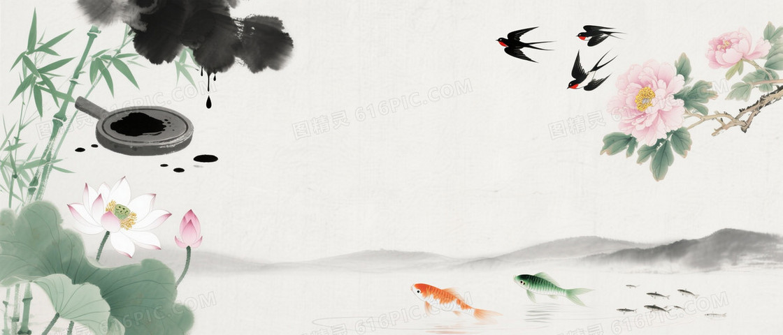 浅灰宣纸水墨竹莲燕牡丹背景