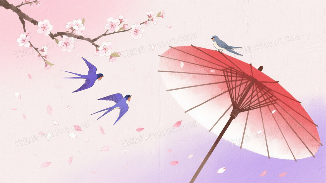 柔粉水墨樱花飞鸟油纸伞背景