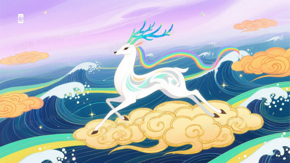 紫粉渐变祥云神鹿背景