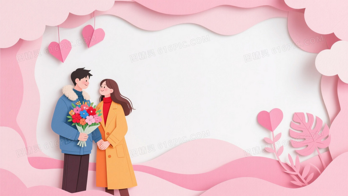 柔粉纸艺情侣剪纸背景