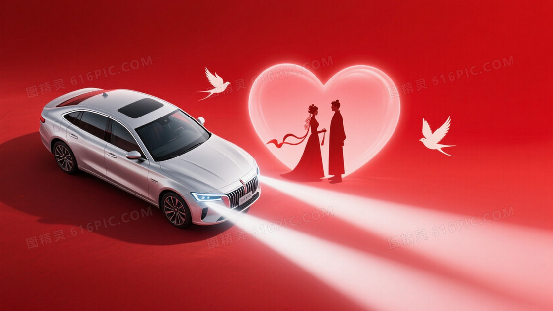 深红渐变浪漫心形剪影背景