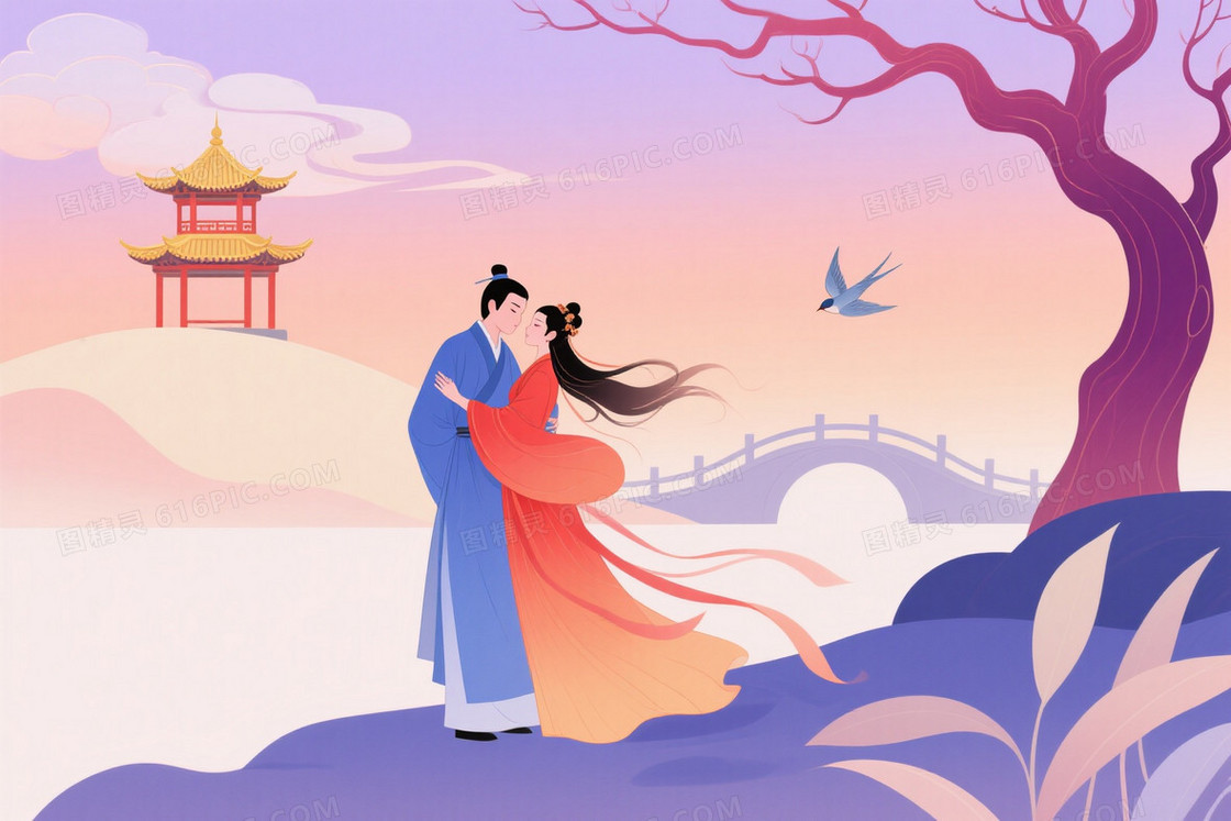 淡紫粉橙渐变云朵古风人物背景