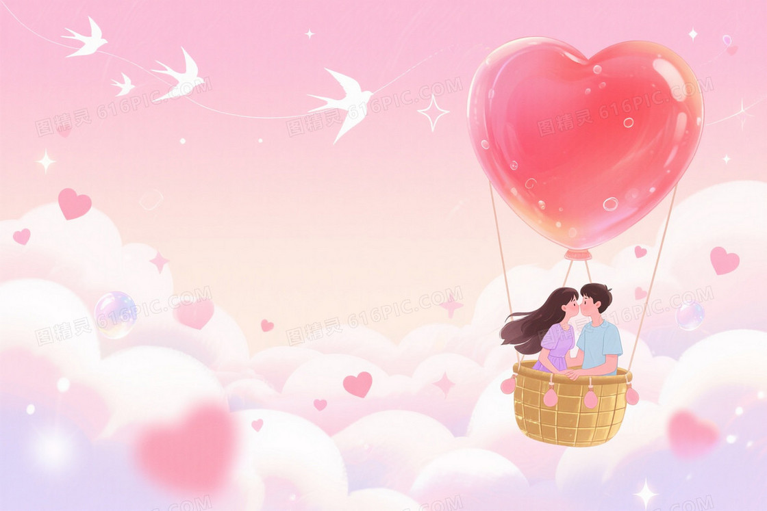粉白渐变梦幻热气球情侣背景