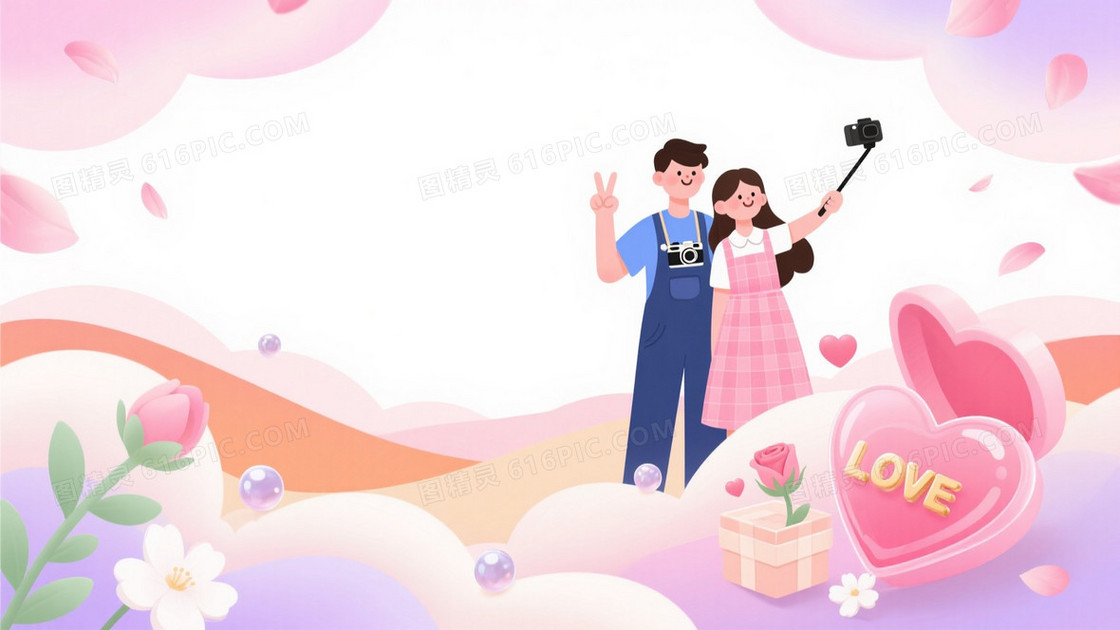 柔粉淡橘浅紫插画情侣背景