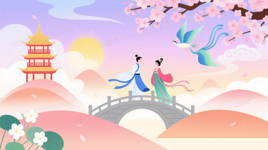 粉紫渐变樱花宝塔石桥背景