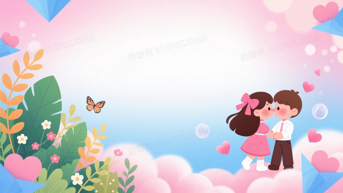 粉蓝渐变柔焦留白植物情侣背景