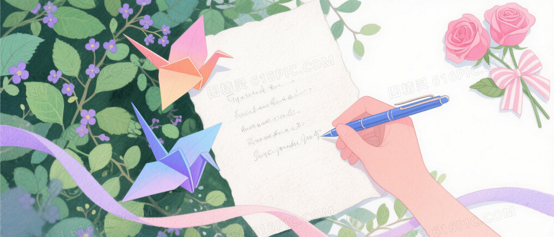 粉蓝水彩手绘信笺绿叶背景