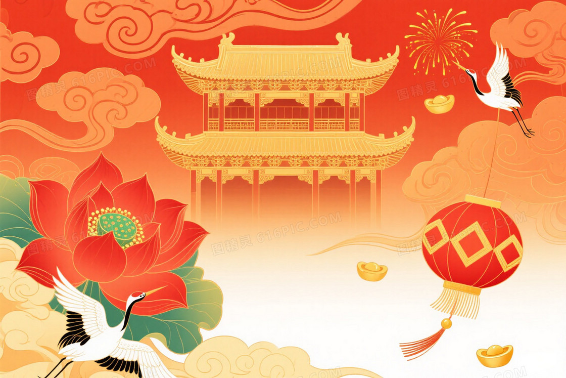 暖橙金红祥云楼阁莲花背景