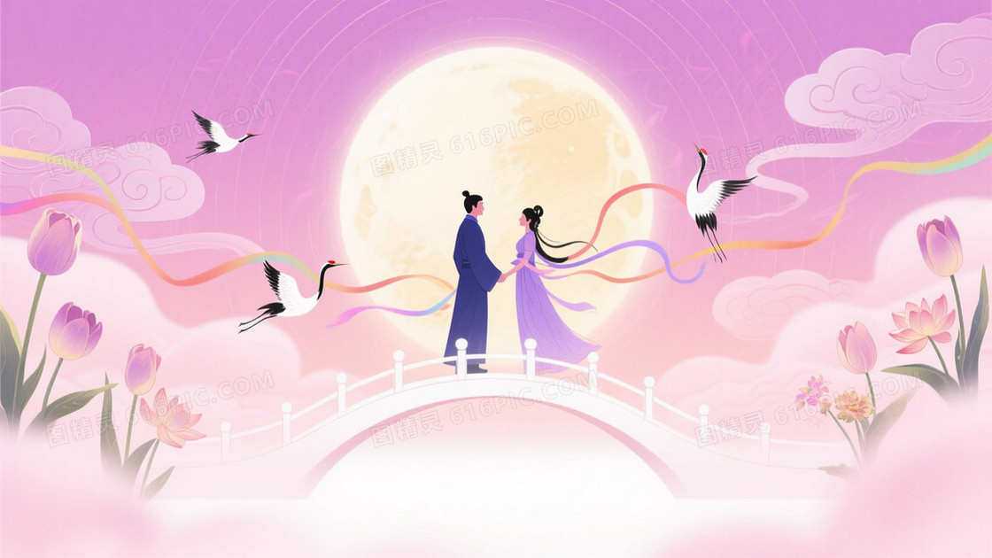 粉紫淡金梦幻月桥情侣背景