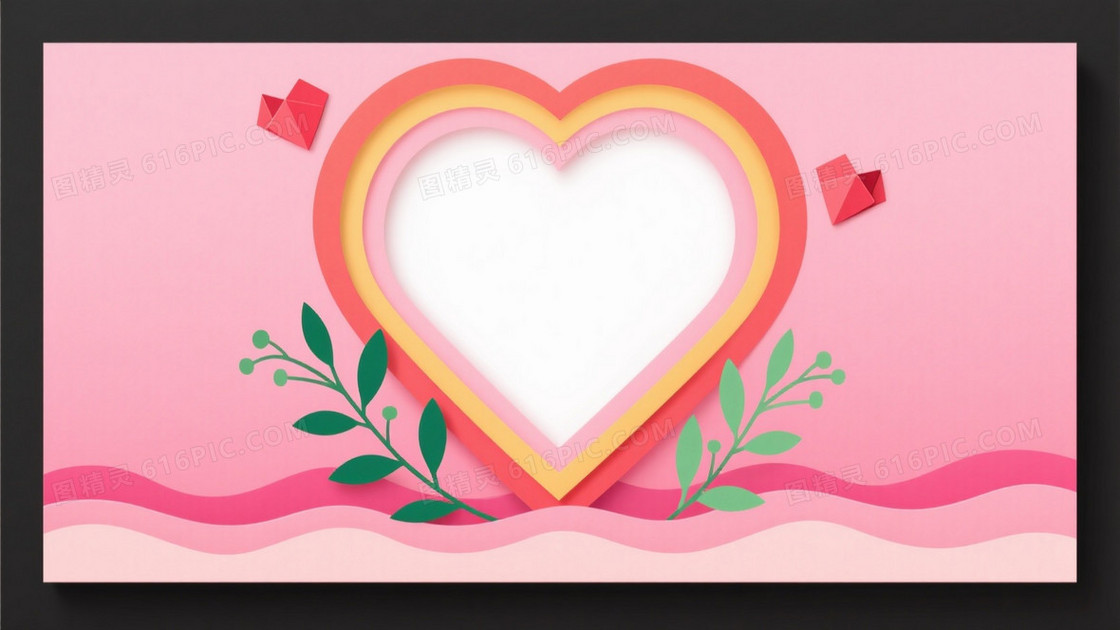粉红渐变纸艺心形留白背景