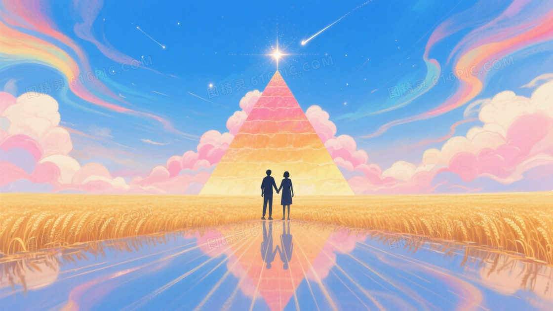 青蓝桃粉金橙梦幻麦田背景