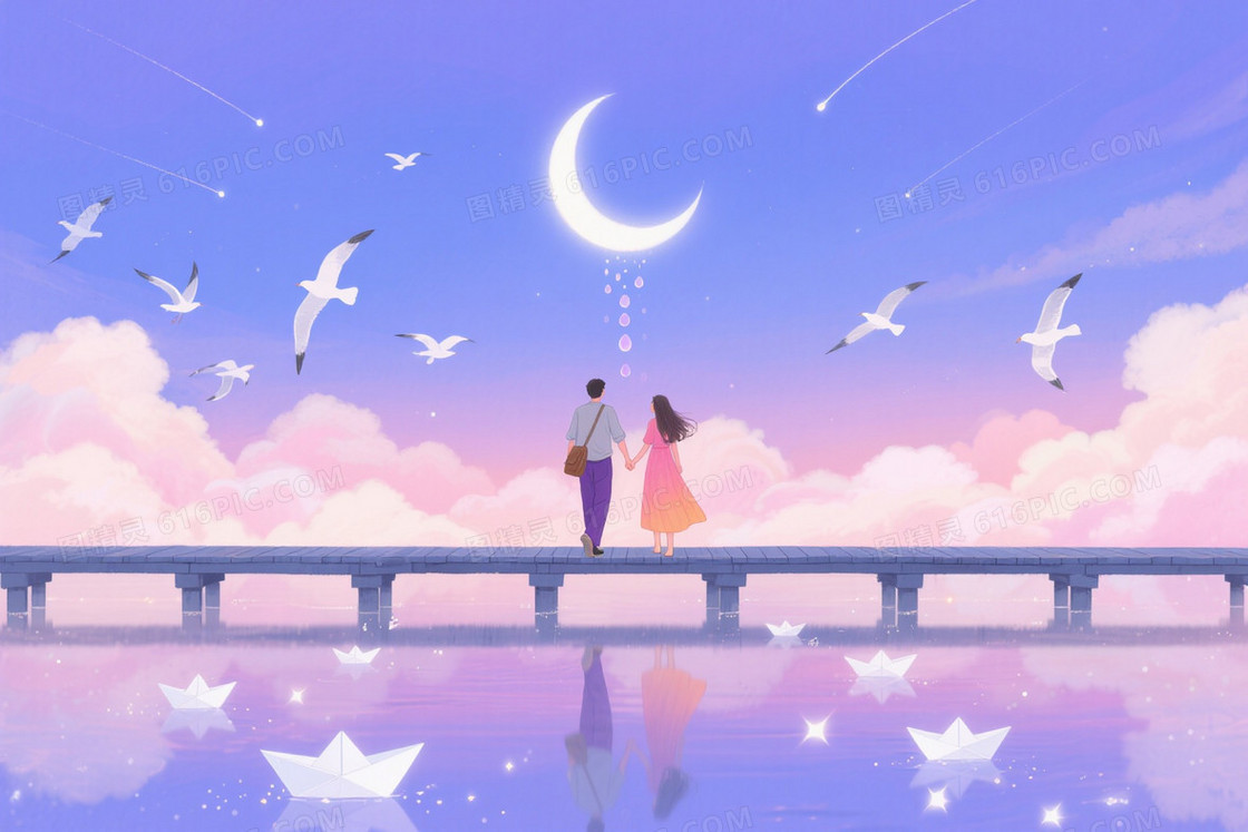 蓝紫粉渐变水彩云月背景