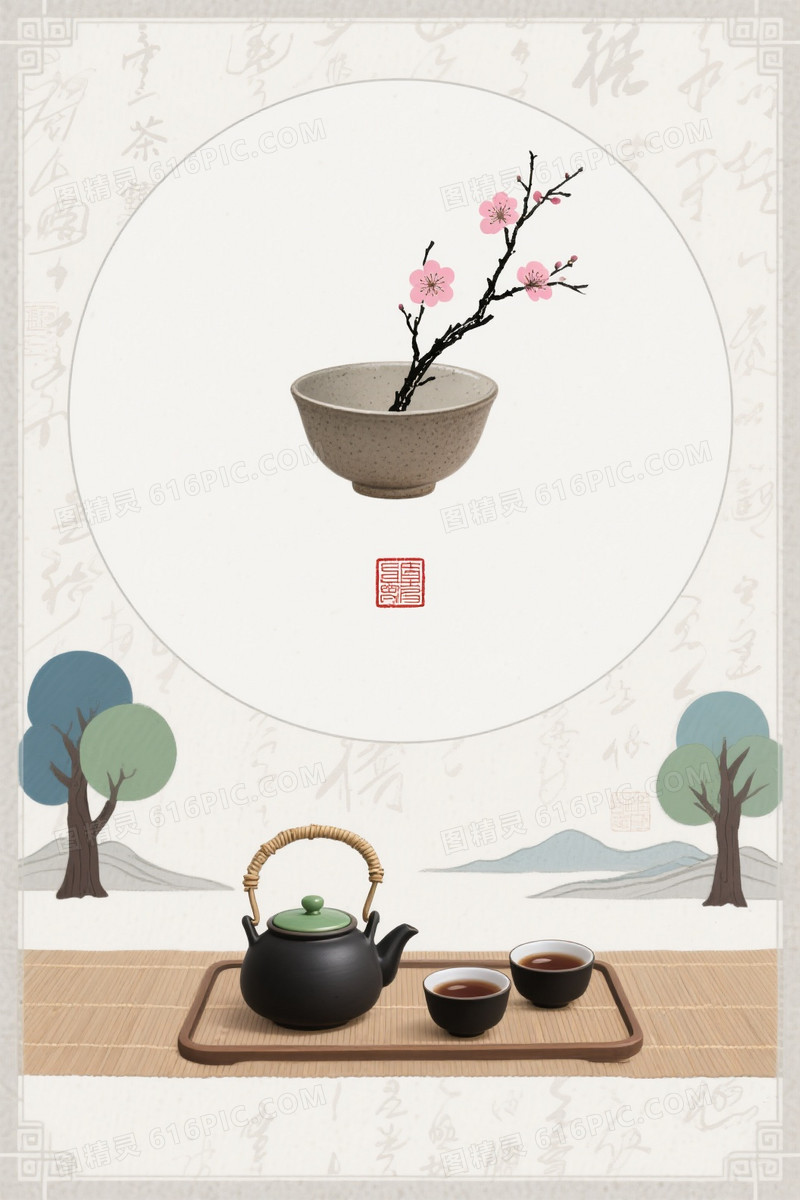 米白宣纸书法水印茶碗枯梅背景