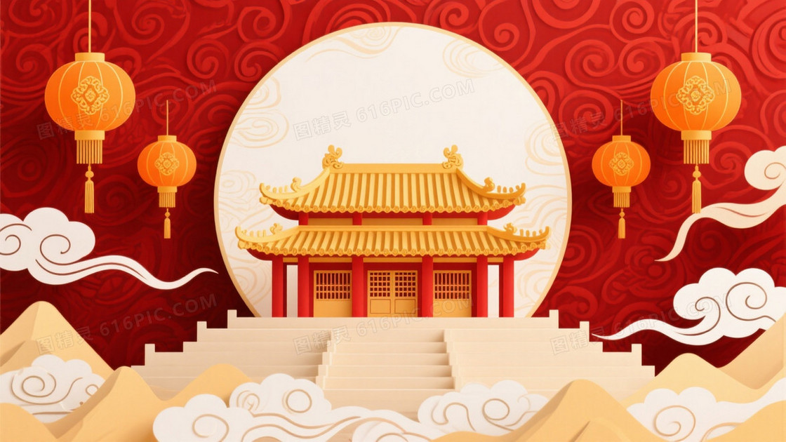 红金中国风剪纸宫殿背景