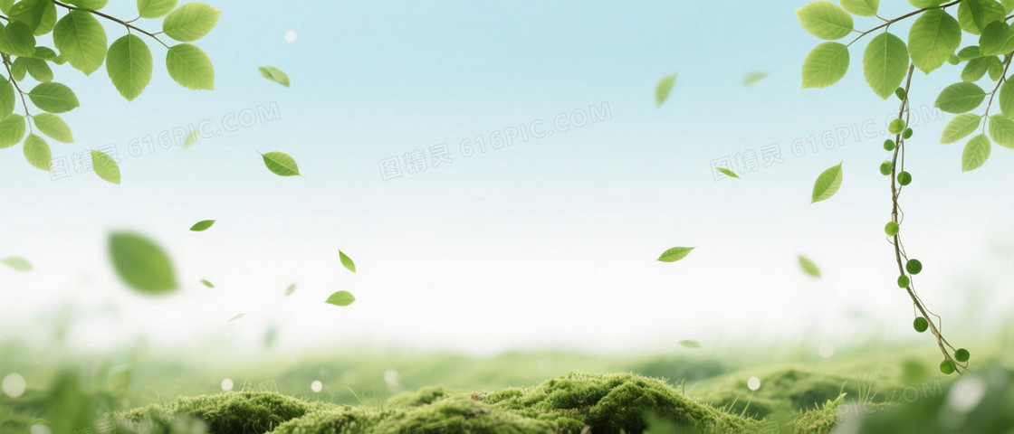 浅蓝乳白渐变绿叶苔藓背景