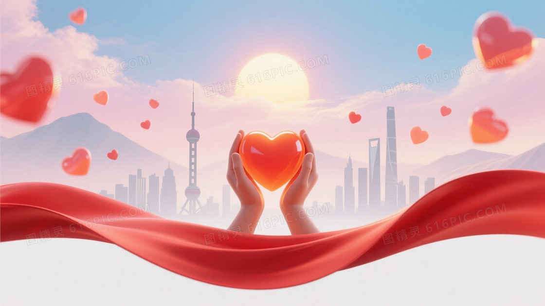 粉蓝渐变暖光爱心托举背景