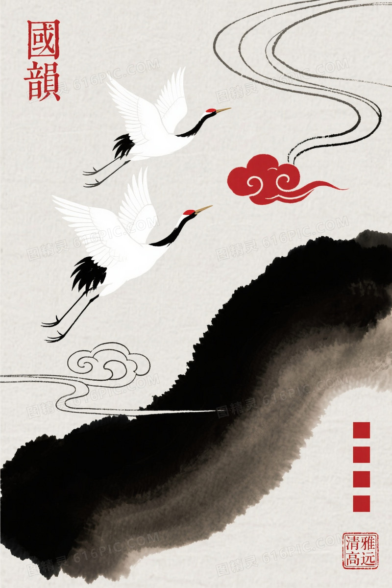 浅灰水墨白鹤祥云背景