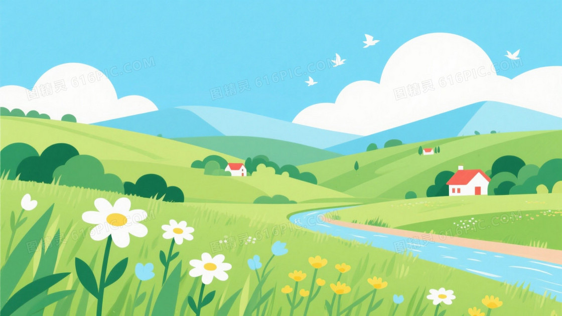 明绿天蓝扁平田园风景背景