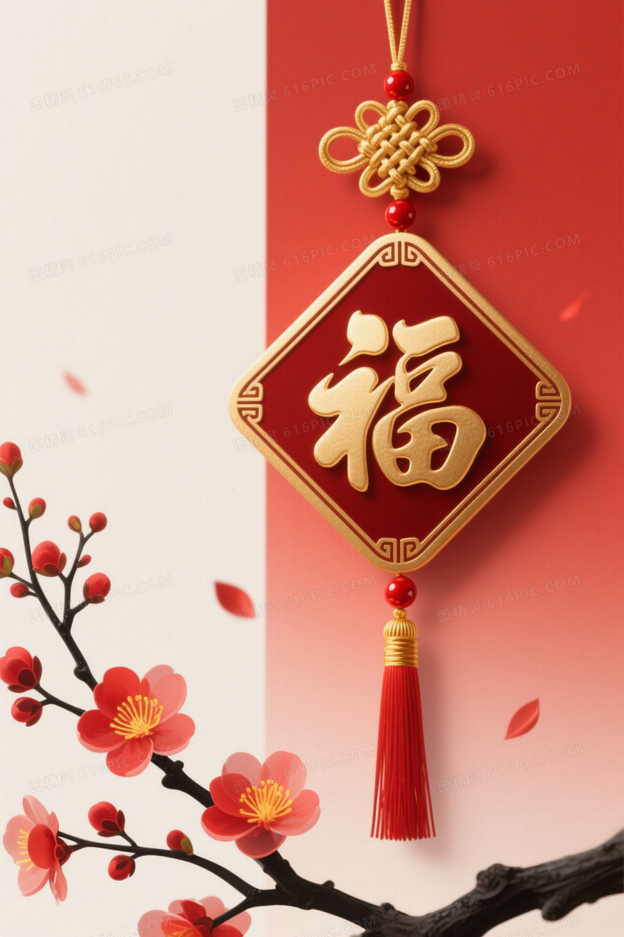 红金渐变福字梅枝背景