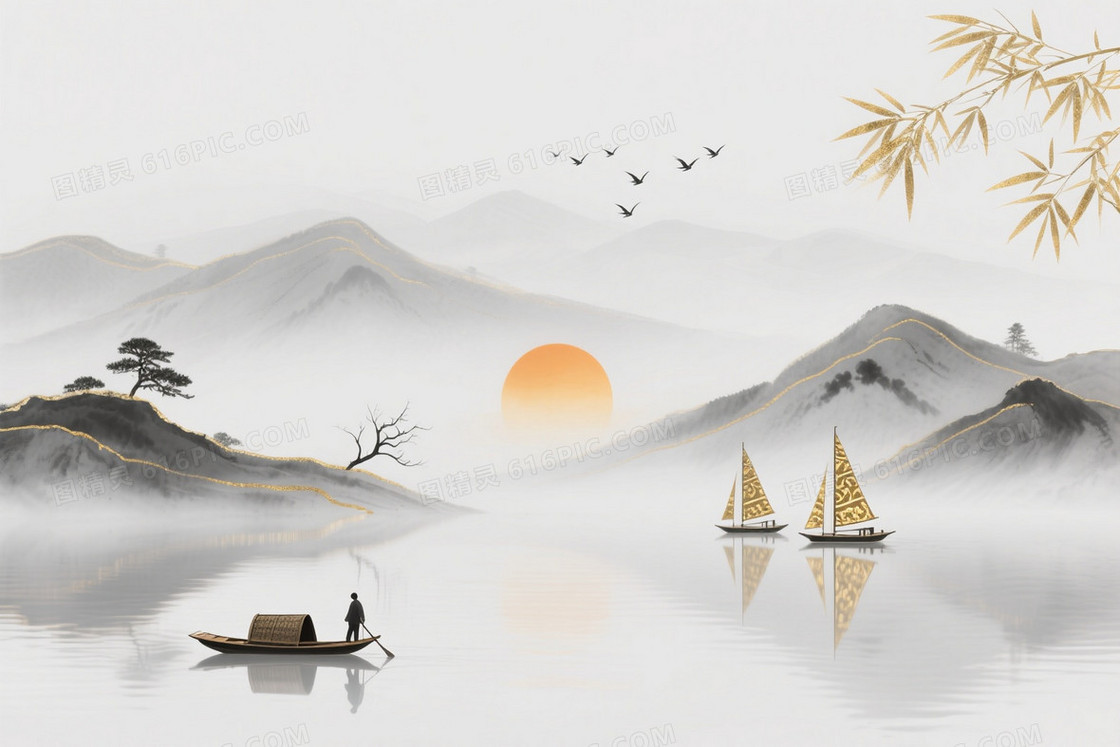 灰白水墨金边山水背景