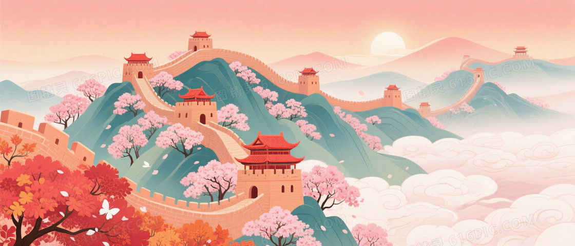 粉橙渐变梦幻东方山水背景