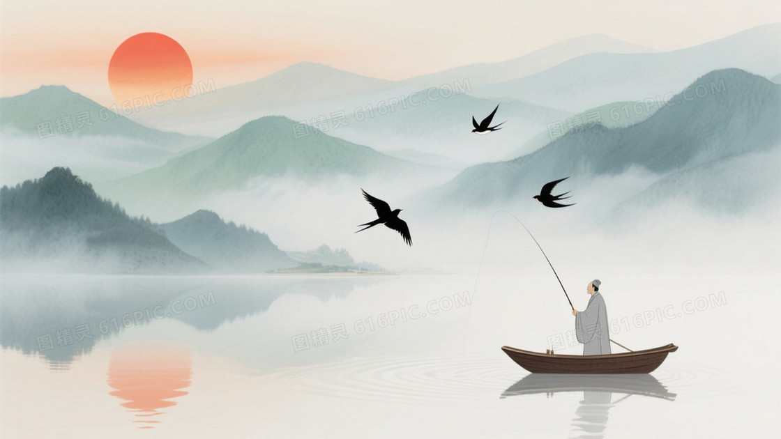 青绿灰蓝暖橙水墨山水背景