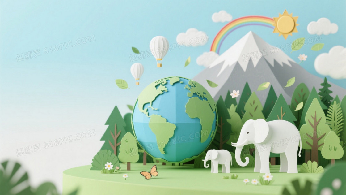 浅蓝渐变纸艺地球生态背景