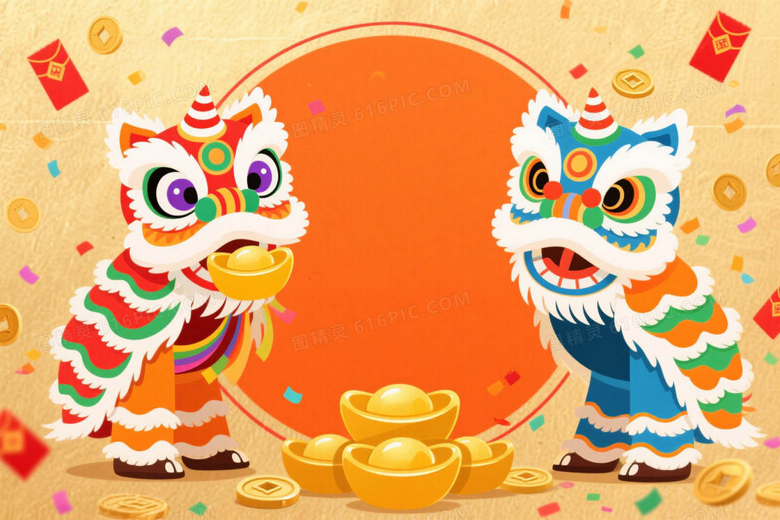 金橙纹理纸张舞狮对称背景