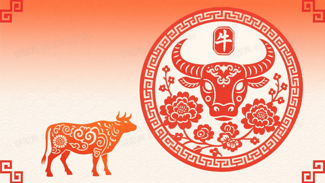 红橙渐变剪纸牛纹祥云背景