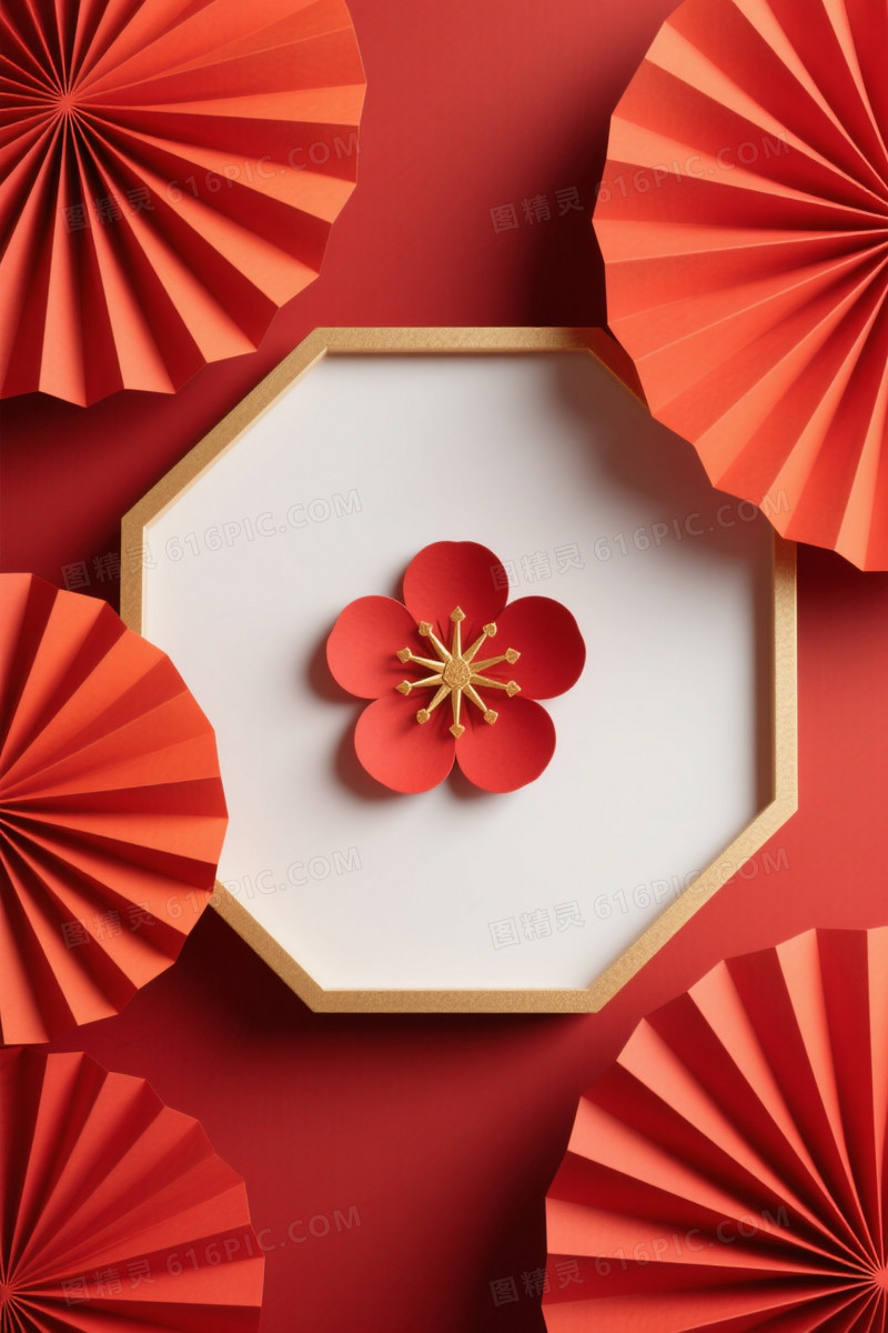 深红朱红渐变梅花浮雕背景