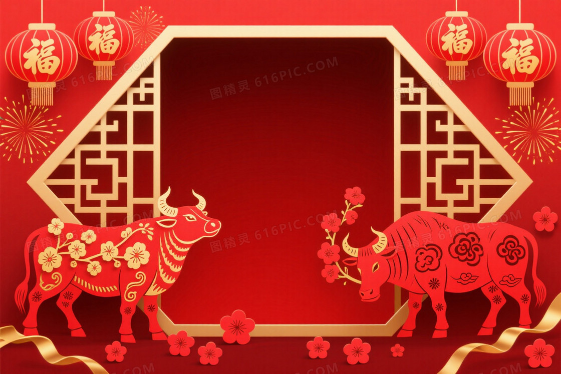正红剪纸牛祥云灯笼背景