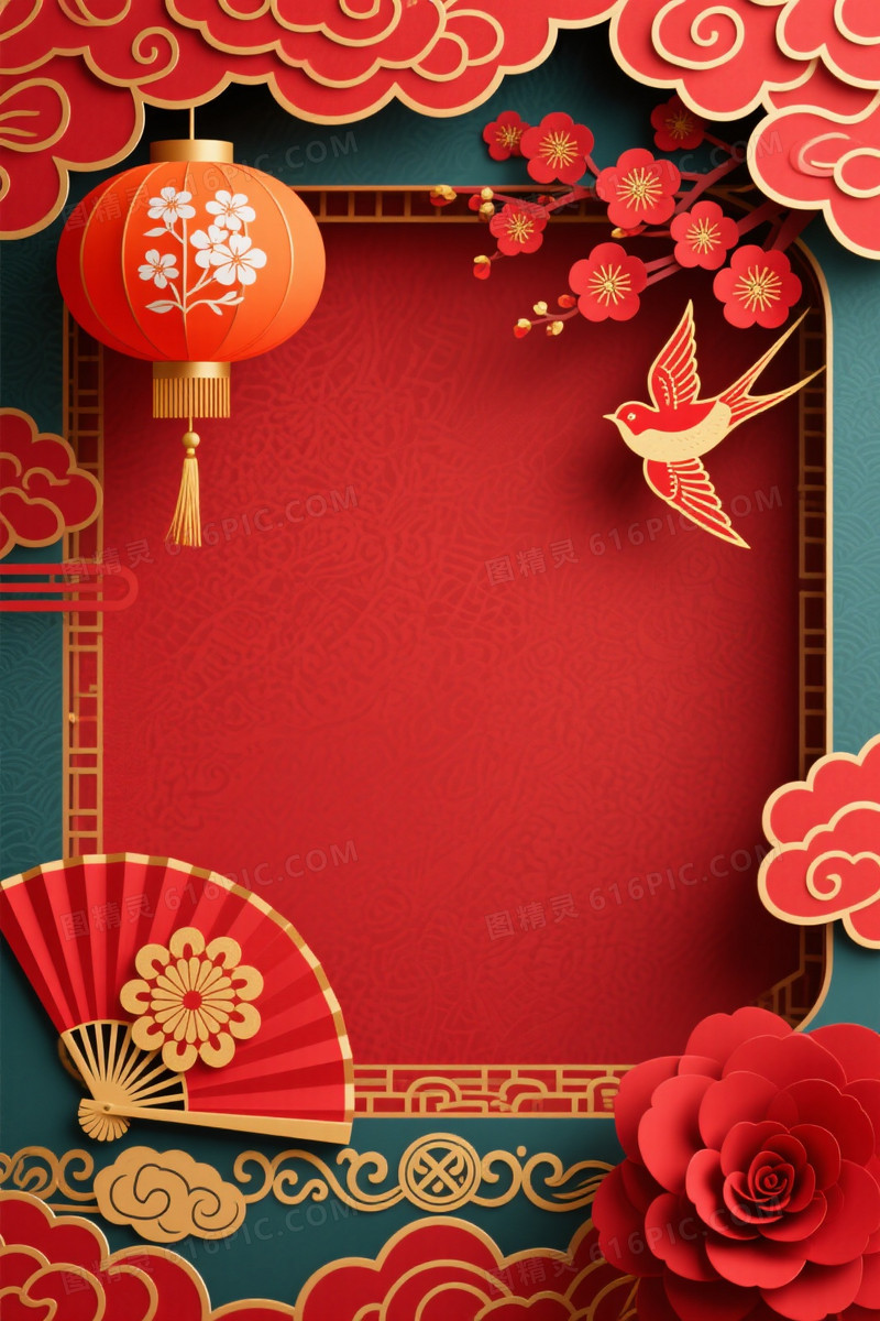 深红剪纸祥云飞燕背景