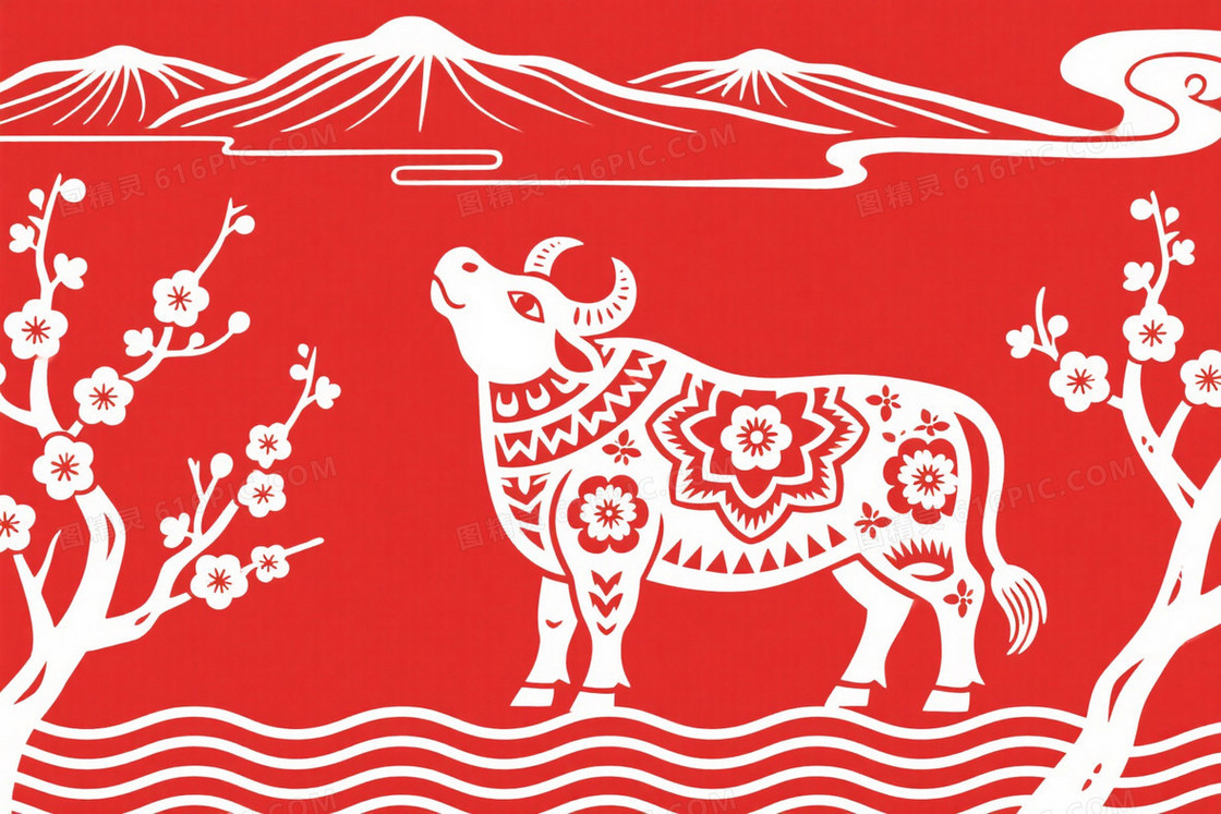 红底白剪纸牛形梅花山水背景